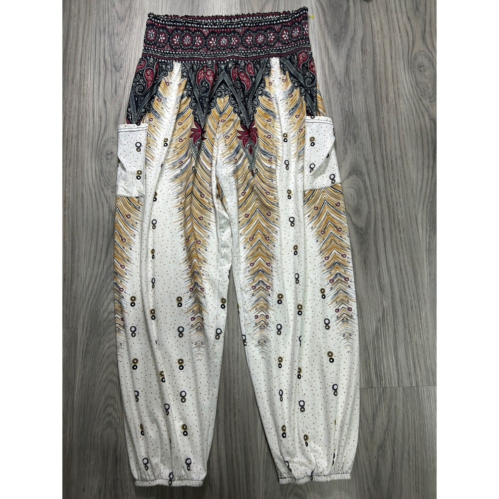 Qianxizhan Womens XL Harem Pants Boho Peacock Paisley Smocked Waist Joggers